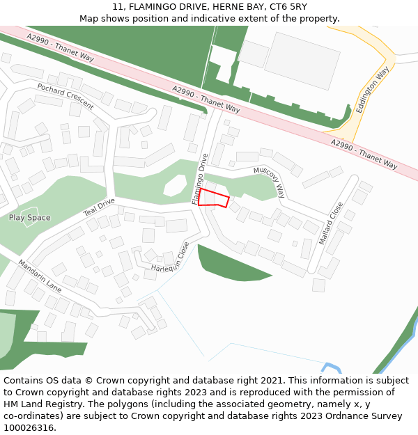 11, FLAMINGO DRIVE, HERNE BAY, CT6 5RY: Location map and indicative extent of plot