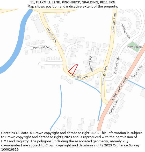 11, FLAXMILL LANE, PINCHBECK, SPALDING, PE11 3XN: Location map and indicative extent of plot