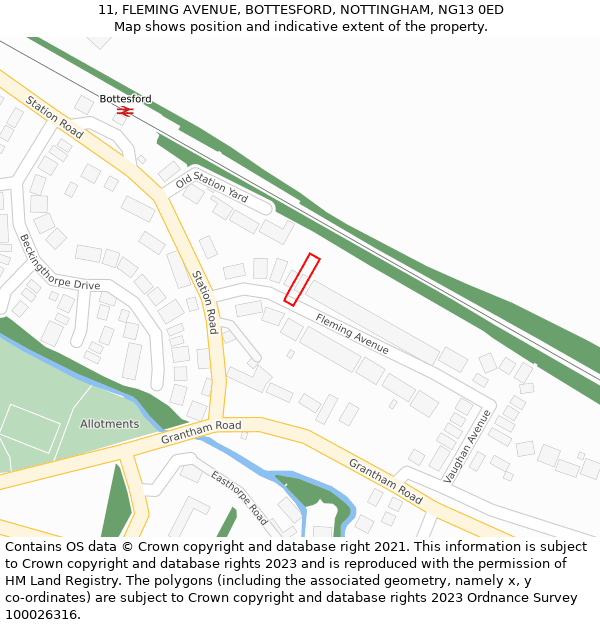 11, FLEMING AVENUE, BOTTESFORD, NOTTINGHAM, NG13 0ED: Location map and indicative extent of plot