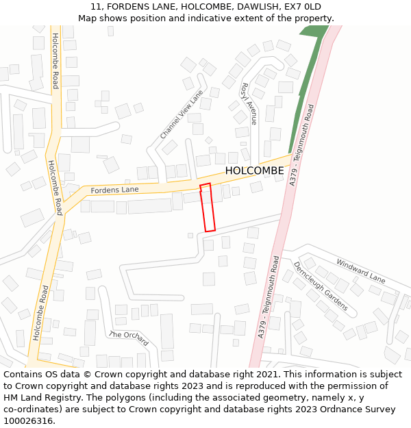 11, FORDENS LANE, HOLCOMBE, DAWLISH, EX7 0LD: Location map and indicative extent of plot