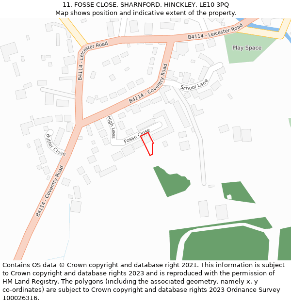 11, FOSSE CLOSE, SHARNFORD, HINCKLEY, LE10 3PQ: Location map and indicative extent of plot