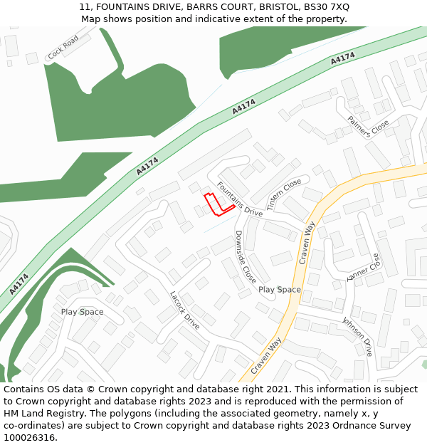 11, FOUNTAINS DRIVE, BARRS COURT, BRISTOL, BS30 7XQ: Location map and indicative extent of plot