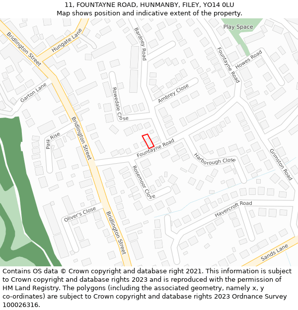 11, FOUNTAYNE ROAD, HUNMANBY, FILEY, YO14 0LU: Location map and indicative extent of plot