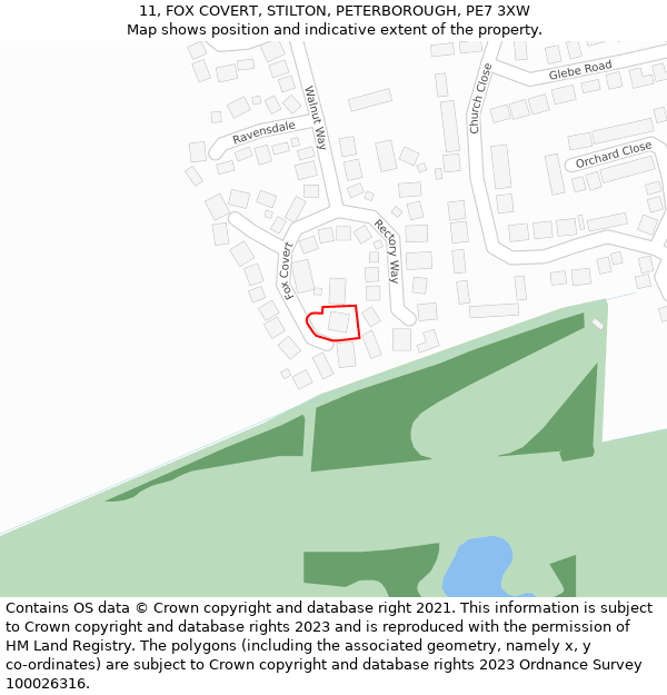 11, FOX COVERT, STILTON, PETERBOROUGH, PE7 3XW: Location map and indicative extent of plot