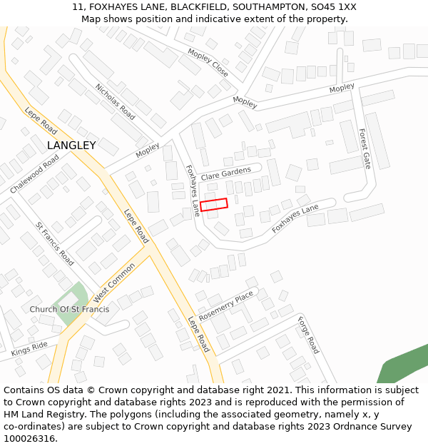 11, FOXHAYES LANE, BLACKFIELD, SOUTHAMPTON, SO45 1XX: Location map and indicative extent of plot