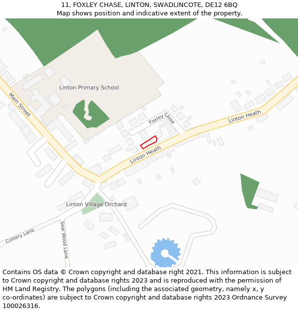 11, FOXLEY CHASE, LINTON, SWADLINCOTE, DE12 6BQ: Location map and indicative extent of plot