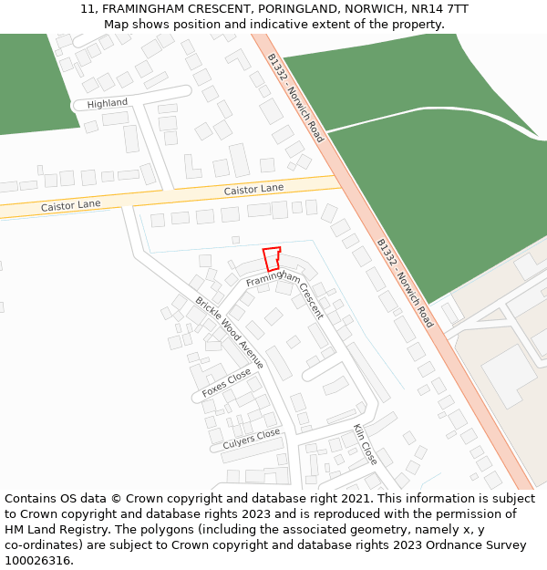 11, FRAMINGHAM CRESCENT, PORINGLAND, NORWICH, NR14 7TT: Location map and indicative extent of plot