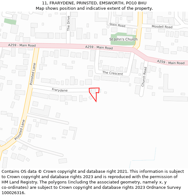 11, FRARYDENE, PRINSTED, EMSWORTH, PO10 8HU: Location map and indicative extent of plot