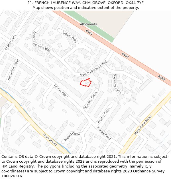 11, FRENCH LAURENCE WAY, CHALGROVE, OXFORD, OX44 7YE: Location map and indicative extent of plot