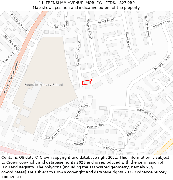 11, FRENSHAM AVENUE, MORLEY, LEEDS, LS27 0RP: Location map and indicative extent of plot