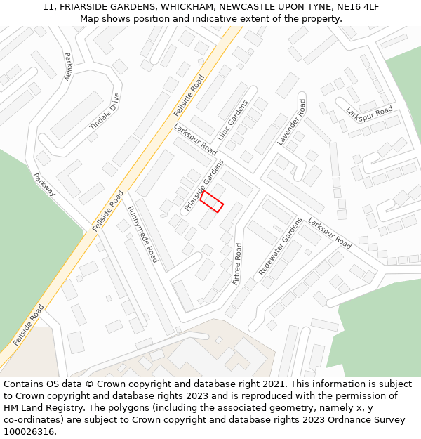 11, FRIARSIDE GARDENS, WHICKHAM, NEWCASTLE UPON TYNE, NE16 4LF: Location map and indicative extent of plot