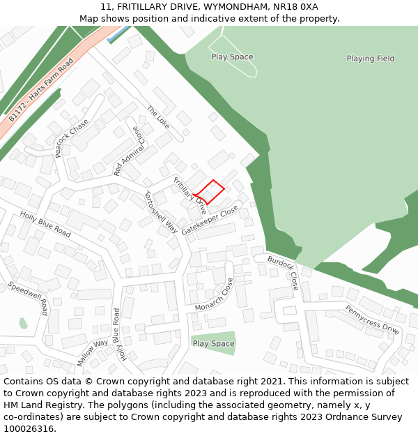 11, FRITILLARY DRIVE, WYMONDHAM, NR18 0XA: Location map and indicative extent of plot