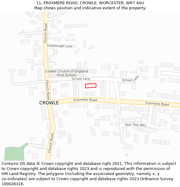 11, FROXMERE ROAD, CROWLE, WORCESTER, WR7 4AU: Location map and indicative extent of plot