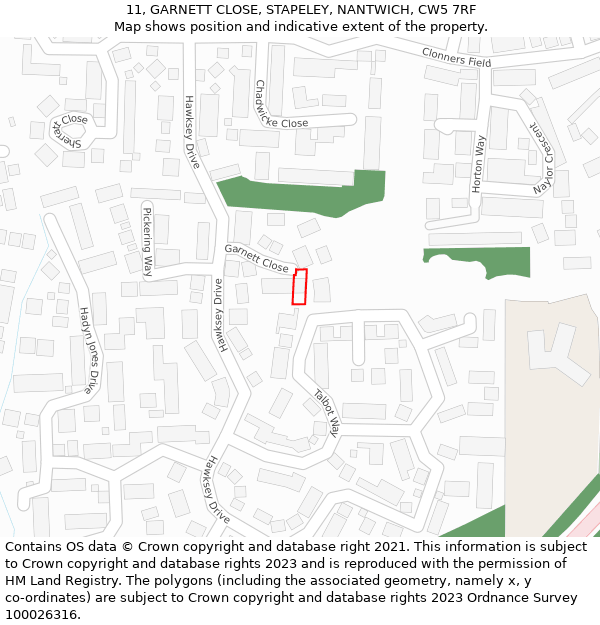 11, GARNETT CLOSE, STAPELEY, NANTWICH, CW5 7RF: Location map and indicative extent of plot