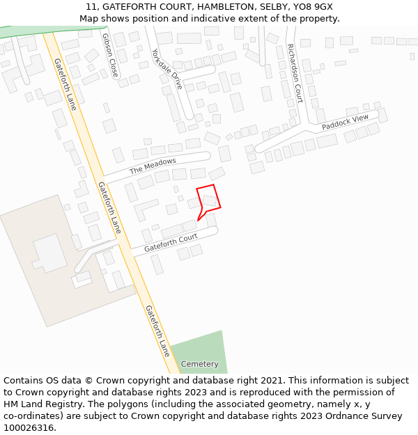 11, GATEFORTH COURT, HAMBLETON, SELBY, YO8 9GX: Location map and indicative extent of plot