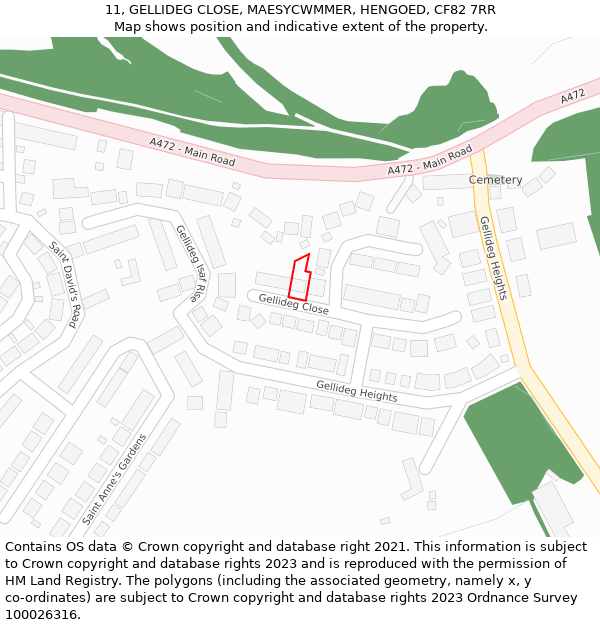 11, GELLIDEG CLOSE, MAESYCWMMER, HENGOED, CF82 7RR: Location map and indicative extent of plot