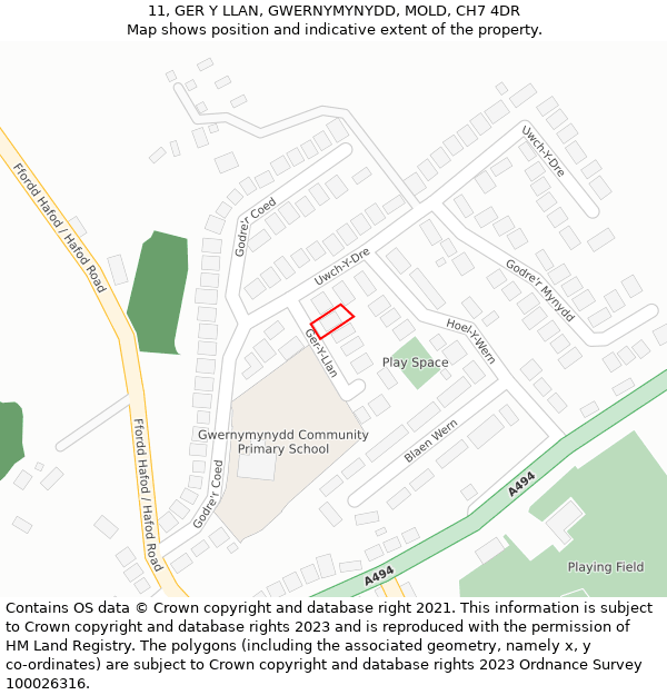 11, GER Y LLAN, GWERNYMYNYDD, MOLD, CH7 4DR: Location map and indicative extent of plot