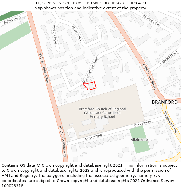 11, GIPPINGSTONE ROAD, BRAMFORD, IPSWICH, IP8 4DR: Location map and indicative extent of plot