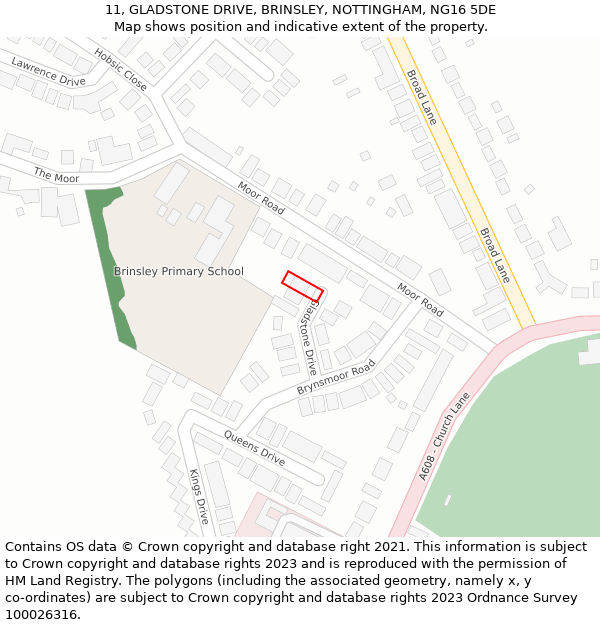 11, GLADSTONE DRIVE, BRINSLEY, NOTTINGHAM, NG16 5DE: Location map and indicative extent of plot