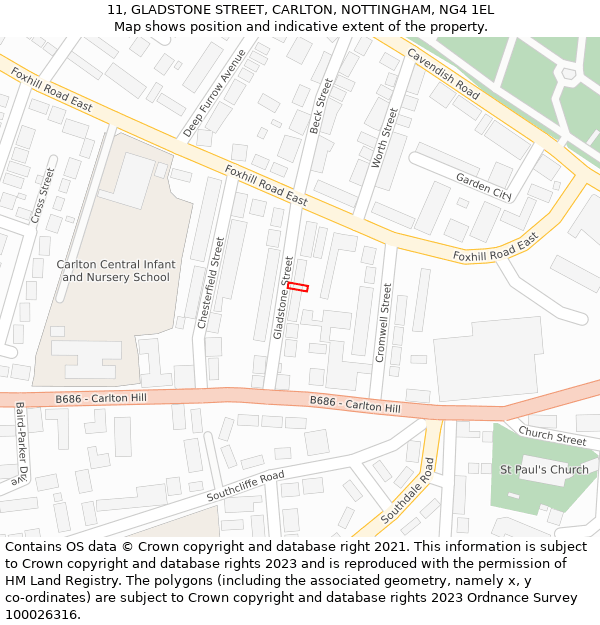 11, GLADSTONE STREET, CARLTON, NOTTINGHAM, NG4 1EL: Location map and indicative extent of plot