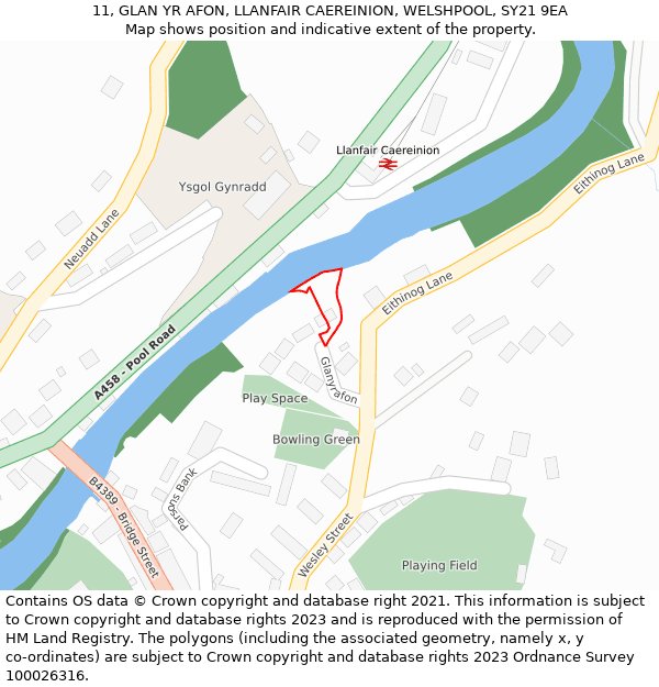 11, GLAN YR AFON, LLANFAIR CAEREINION, WELSHPOOL, SY21 9EA: Location map and indicative extent of plot