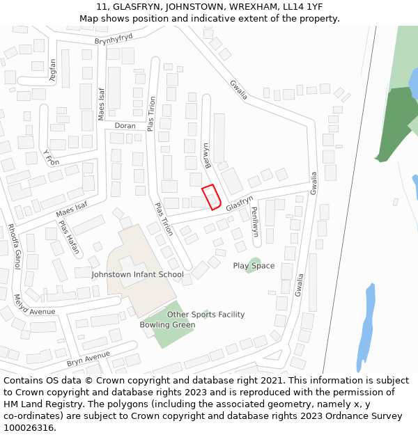 11, GLASFRYN, JOHNSTOWN, WREXHAM, LL14 1YF: Location map and indicative extent of plot