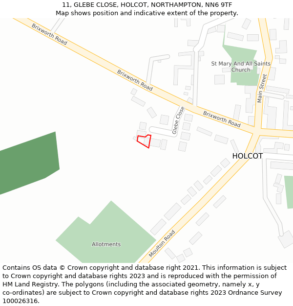 11, GLEBE CLOSE, HOLCOT, NORTHAMPTON, NN6 9TF: Location map and indicative extent of plot