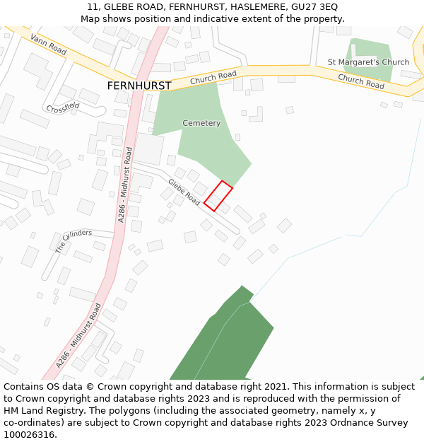 11, GLEBE ROAD, FERNHURST, HASLEMERE, GU27 3EQ: Location map and indicative extent of plot