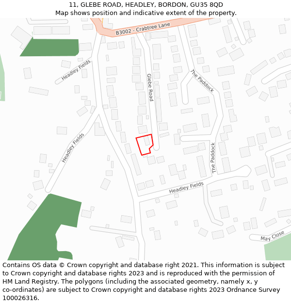 11, GLEBE ROAD, HEADLEY, BORDON, GU35 8QD: Location map and indicative extent of plot