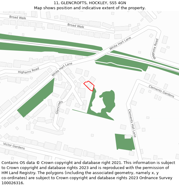 11, GLENCROFTS, HOCKLEY, SS5 4GN: Location map and indicative extent of plot