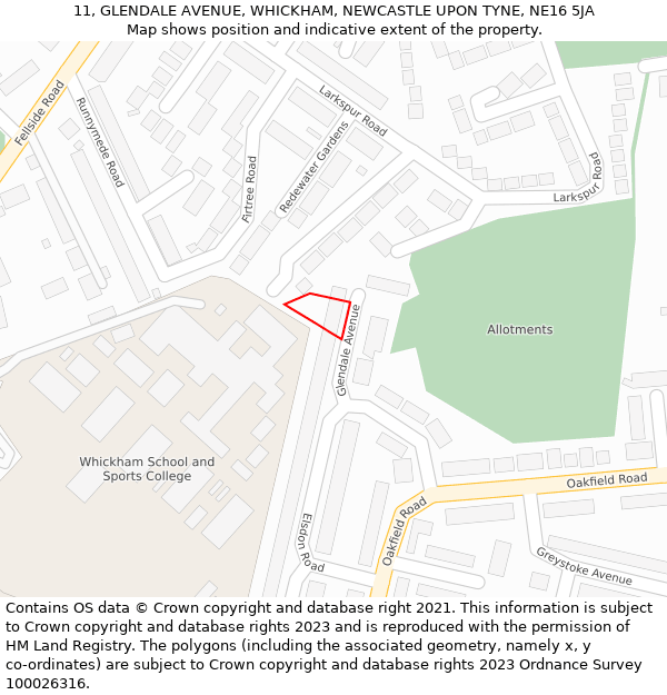 11, GLENDALE AVENUE, WHICKHAM, NEWCASTLE UPON TYNE, NE16 5JA: Location map and indicative extent of plot