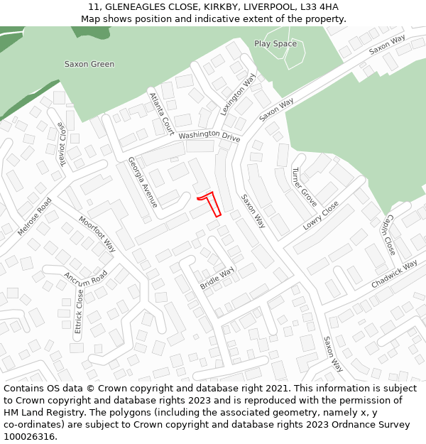 11, GLENEAGLES CLOSE, KIRKBY, LIVERPOOL, L33 4HA: Location map and indicative extent of plot