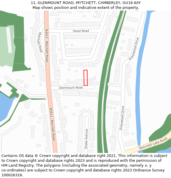 11, GLENMOUNT ROAD, MYTCHETT, CAMBERLEY, GU16 6AY: Location map and indicative extent of plot