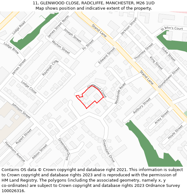 11, GLENWOOD CLOSE, RADCLIFFE, MANCHESTER, M26 1UD: Location map and indicative extent of plot