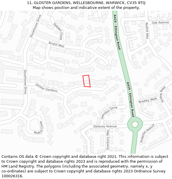 11, GLOSTER GARDENS, WELLESBOURNE, WARWICK, CV35 9TQ: Location map and indicative extent of plot