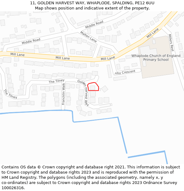 11, GOLDEN HARVEST WAY, WHAPLODE, SPALDING, PE12 6UU: Location map and indicative extent of plot