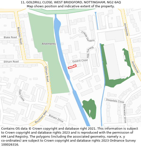 11, GOLDRILL CLOSE, WEST BRIDGFORD, NOTTINGHAM, NG2 6AQ: Location map and indicative extent of plot