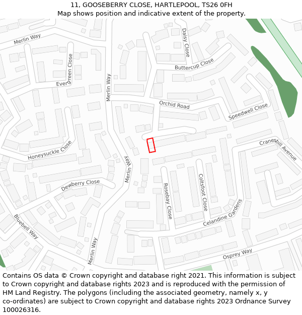 11, GOOSEBERRY CLOSE, HARTLEPOOL, TS26 0FH: Location map and indicative extent of plot