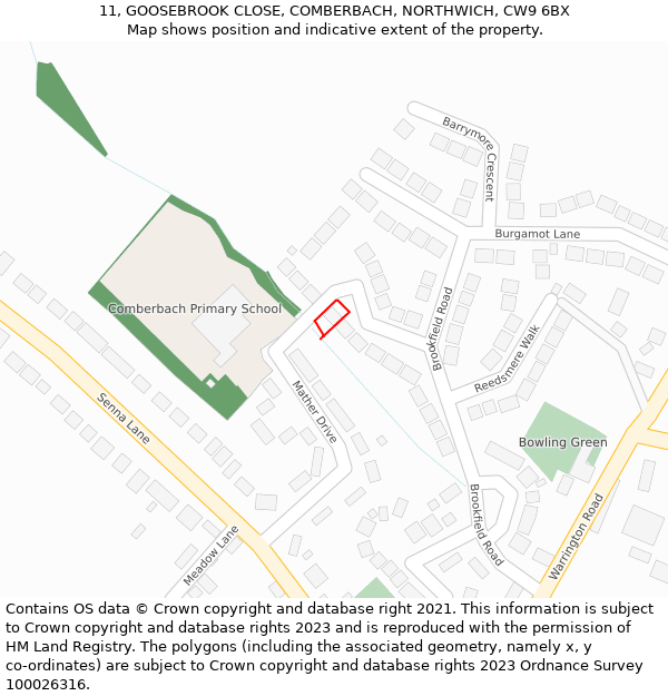 11, GOOSEBROOK CLOSE, COMBERBACH, NORTHWICH, CW9 6BX: Location map and indicative extent of plot