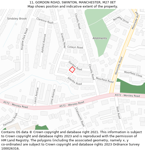 11, GORDON ROAD, SWINTON, MANCHESTER, M27 0ET: Location map and indicative extent of plot