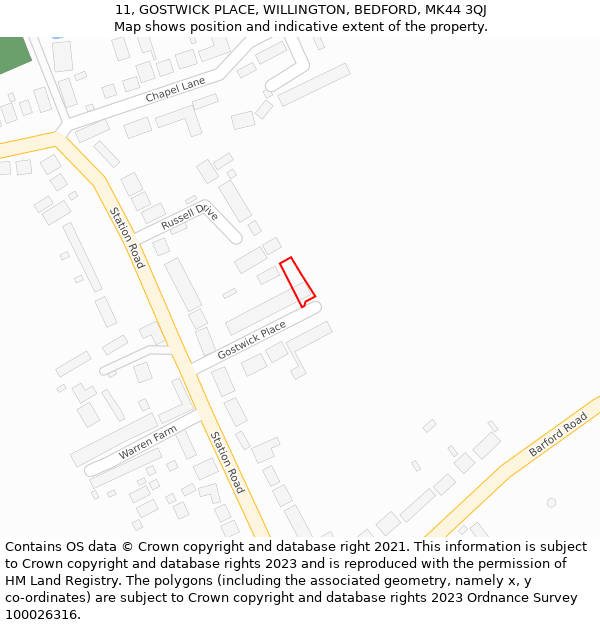 11, GOSTWICK PLACE, WILLINGTON, BEDFORD, MK44 3QJ: Location map and indicative extent of plot