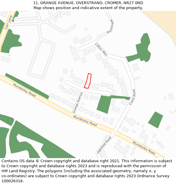 11, GRANGE AVENUE, OVERSTRAND, CROMER, NR27 0ND: Location map and indicative extent of plot