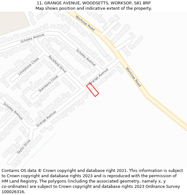 11, GRANGE AVENUE, WOODSETTS, WORKSOP, S81 8RP: Location map and indicative extent of plot