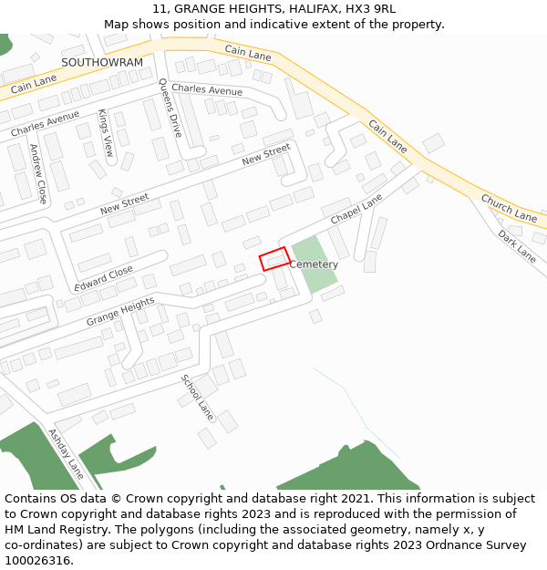 11, GRANGE HEIGHTS, HALIFAX, HX3 9RL: Location map and indicative extent of plot