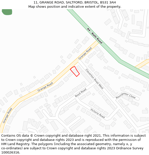 11, GRANGE ROAD, SALTFORD, BRISTOL, BS31 3AH: Location map and indicative extent of plot