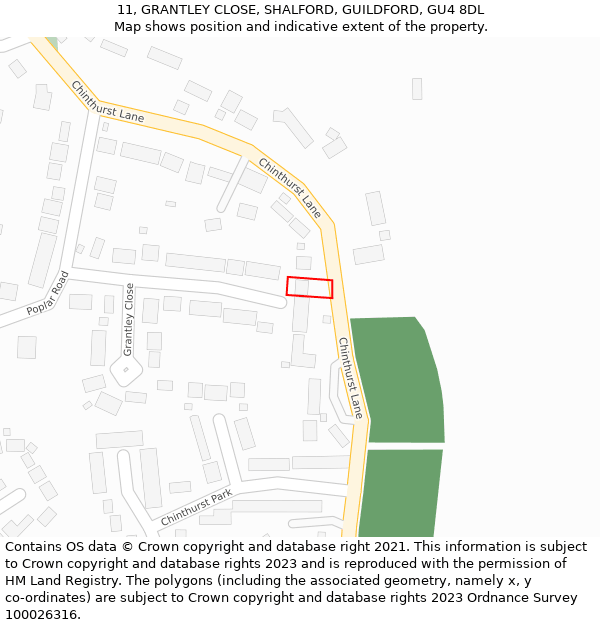 11, GRANTLEY CLOSE, SHALFORD, GUILDFORD, GU4 8DL: Location map and indicative extent of plot