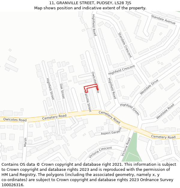 11, GRANVILLE STREET, PUDSEY, LS28 7JS: Location map and indicative extent of plot