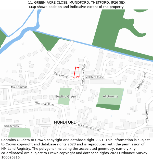 11, GREEN ACRE CLOSE, MUNDFORD, THETFORD, IP26 5EX: Location map and indicative extent of plot