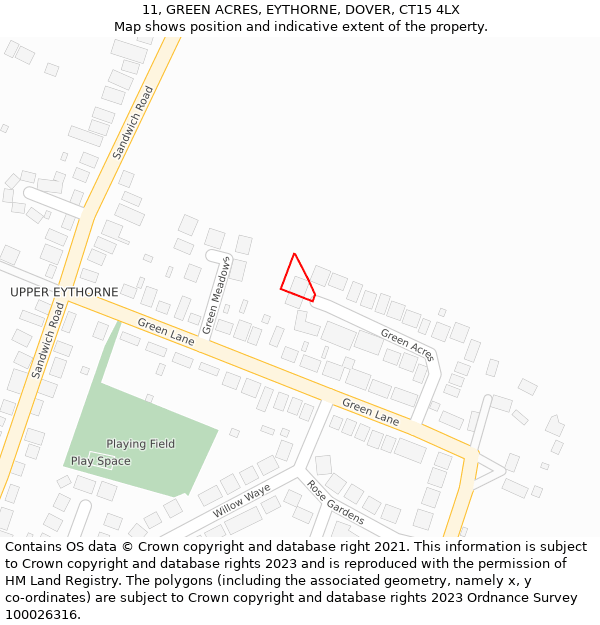 11, GREEN ACRES, EYTHORNE, DOVER, CT15 4LX: Location map and indicative extent of plot
