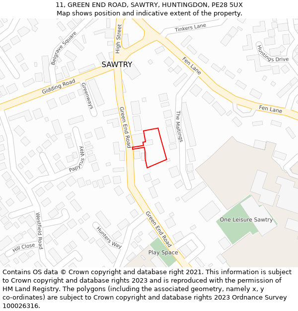 11, GREEN END ROAD, SAWTRY, HUNTINGDON, PE28 5UX: Location map and indicative extent of plot